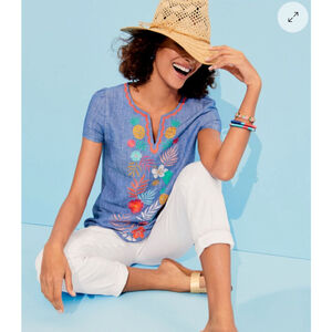 Talbots Womens Chambray Linen Embroidered Floral Shirt MP